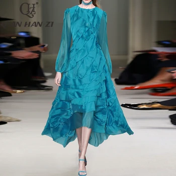  Дизайнер QHZ, модное винтажное платье для подиума, женские рукава-фонарики, Элегантный пояс, Тонкие каскадные оборки, роскошное длинное платье