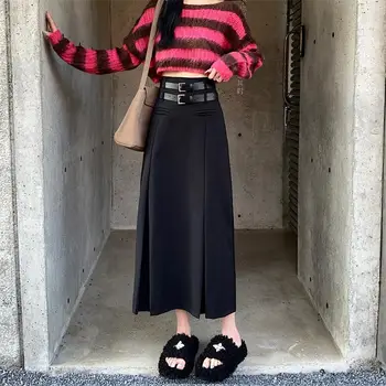  Дизайнерская черная юбка с двойным поясом для женщин, весна и зима 2023, новые модные юбки для костюмов трапециевидной формы средней длины с высокой талией