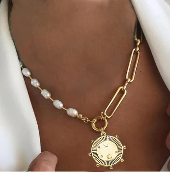  Креативная двухцветная цепочка на ключицу, модные преувеличенные металлические цепочки, ожерелье из натурального пресноводного жемчуга, кубинские звенья, женские изделия