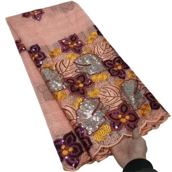  Розовые мягкие блестки Африканская кружевная ткань 5 ярдов Высококачественные блестки Французский тюль Кружева Нигерийские женские свадебные ткани Asoebi