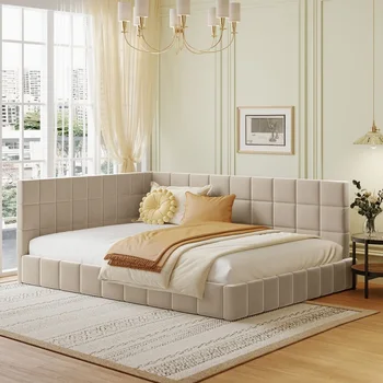  Каркас кушетки / дивана-кровати с мягкой обивкой в натуральную величину, подходит для спален и детских комнат-Бежевый, бархатный
