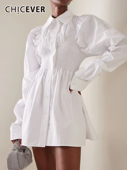  Женское однотонное мини-платье CHICEVER с лацканами, длинным рукавом, высокой талией, однобортные облегающие платья с рюшами, новинка женской модной одежды