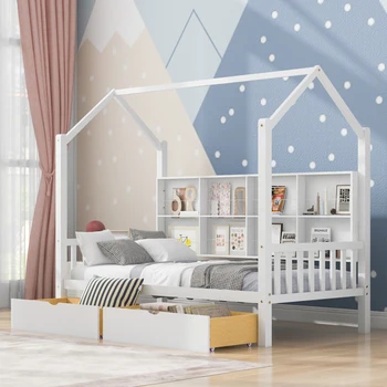 Белая Деревянная домашняя кровать Twin Size с 2 Выдвижными ящиками, детская кровать с полкой для хранения, Легко монтируемая для внутренней мебели спальни