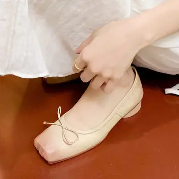  Удобная Женская обувь на каблуках из натуральной кожи, весенняя модная женская обувь на толстом каблуке с узлом-бабочкой