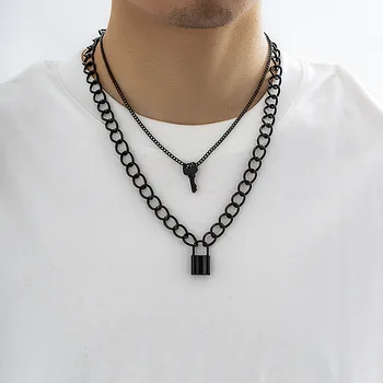  Новое повседневное/Спортивное Черное готическое ожерелье для мужчины с висячим замком из нержавеющей стали в стиле панк, Многослойный Металлический кулон с ключом, ожерелье 4