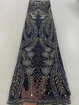  Сетчатая кружевная ткань в нигерийском стиле с блестками ручной работы, Африка 2022, высококачественное роскошное тюлевое кружево из бисера для пошива свадебных вечерних платьев
