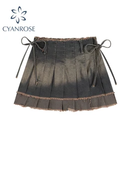  Женская джинсовая юбка в стиле пэчворк, плиссированные мини-юбки на шнуровке, юбка-трапеция Y2k, Модная Элегантная Корейская винтажная юбка в стиле Харадзюку, Лето 2023 г.