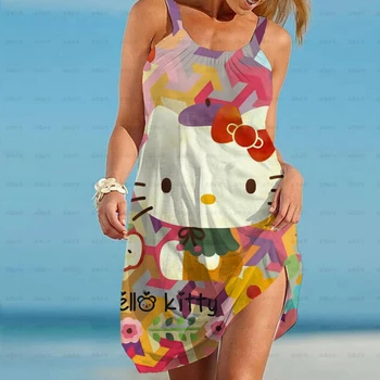  2023 Новое Женское платье Hello Kitty, Летнее Женское Плиссированное платье в Европейском и Американском стиле С круглым вырезом и короткими рукавами и принтом