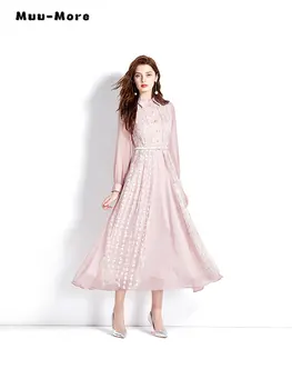 Элегантные розовые платья средней длины с рукавом-фонариком во французском стиле 2023, Летние Женские винтажные Классические офисные женские платья трапециевидной формы с высокой талией