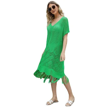  Летом 2023 года Новая женская однотонная пляжная юбка Amazon с кисточками, открытая вязаная Свободная юбка большого размера