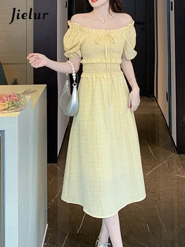  Желтое платье Jielur с коротким рукавом, женское летнее новое французское платье с квадратным вырезом и пышными рукавами, женские Ретро Модные клетчатые длинные платья