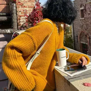  2022 Новое поступление, Осенний Женский Свободный повседневный пуловер с V-образным вырезом и длинными рукавами, универсальный утолщающий теплый вязаный свитер P967