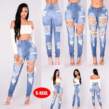  Новые женские модные потертые джинсы с высокой талией, повседневные рваные джинсы, эластичные джинсы-скинни