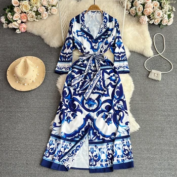 Весенне-осеннее платье для женщин 2023, модная талия, тонкие сине-белые фарфоровые элегантные платья трапециевидной формы с принтом