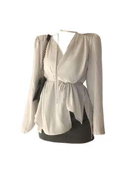  Элегантность французского стиля, Ретро, однотонная женская шифоновая рубашка, Новинка 2023 года, женские блузки с V-образным вырезом и длинным рукавом, простой нерегулярный дизайн