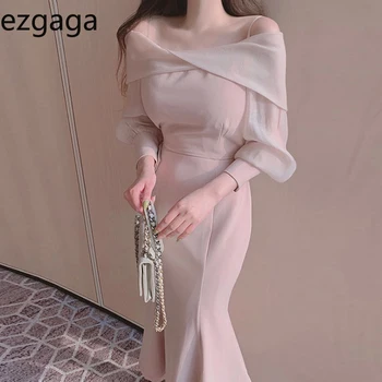  Женское вечернее платье Русалки Ezgaga, Корейский шик, весенний вырез лодочкой, Элегантная Женская мода в стиле пэчворк с открытыми плечами и пышными рукавами