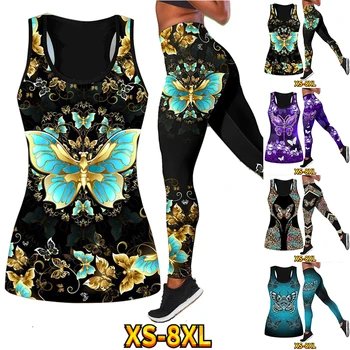  Тонкий Дышащий жилет, Женские быстросохнущие штаны для йоги, для бега, фитнеса, сексуальный летний костюм с принтом бабочки XS-8XL