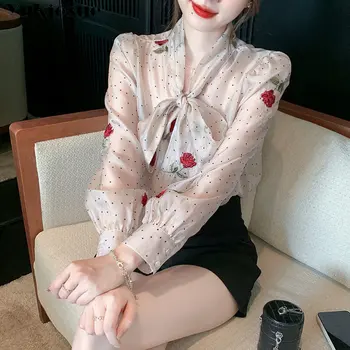  Корейская Весенняя Женская шифоновая блузка с длинным рукавом и бантом, шифоновая блузка с цветочным принтом, рубашка с волнистой линией, Элегантная Милая рубашка с вышивкой в виде розы
