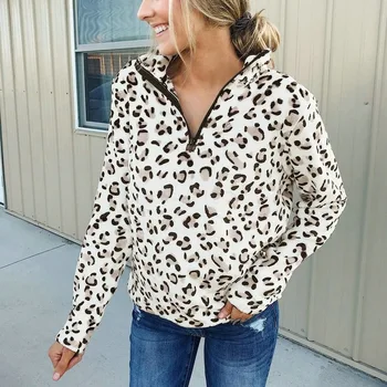  Женские леопардовые толстовки, теплая толстовка на молнии с длинным рукавом и высоким воротником, пуловеры, топы, женская осенне-зимняя повседневная толстовка