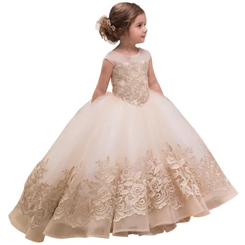  Кружевное бальное платье цвета шампанского, платья с цветочным узором для девочек, платье принцессы с длинным рукавом для девочек-иллюзий, платье для свадебной вечеринки для девочек для первого причастия