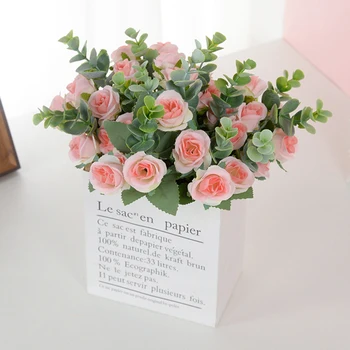  10 Головок искусственных цветов Шелковый букет роз с листьями эвкалипта Домашняя ваза Сад Украшение стола для свадебной вечеринки Искусственный цветок