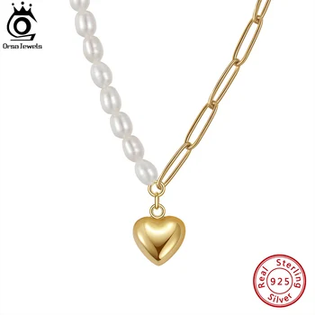  ORSA JEWELS, серебро 925 пробы, цепочка-скрепка из натурального жемчуга с золотым кулоном в виде сердца для женщин, ожерелье, ювелирные изделия GPN33