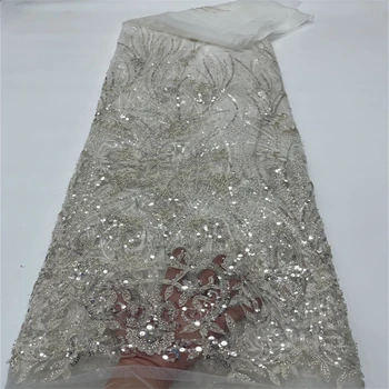  Французский тюль Вышивка Кружева Ткань для свадебных платьев Sew 2023 Высококачественные Нигерийские блестки Африканские сетчатые ткани FJ340