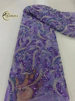  DUOFEIYA Роскошная плотная белая кружевная ткань с фиолетовыми блестками для свадебного платья, вечернего платья, французская кружевная ткань 5 ярдов