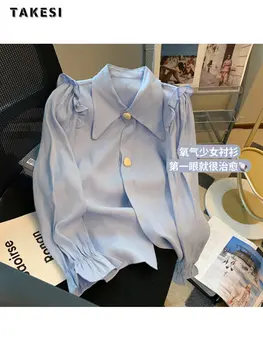  Элегантные однотонные блузки с отложным воротником во французском стиле 2023, Летние женские винтажные повседневные шифоновые рубашки с длинным рукавом