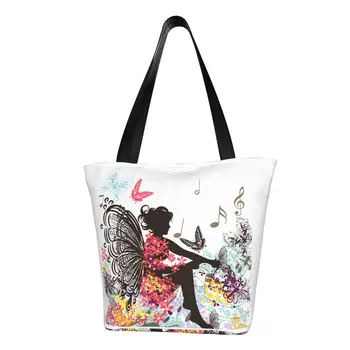  Цветочная фея с бабочками, сумка для покупок продуктов, женская сумка-тоут, забавные холщовые сумки для покупок с цветочным рисунком, сумка для покупок большой емкости