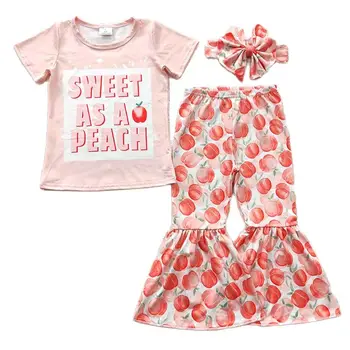  Оптовый комплект для новорожденных, розовая рубашка с короткими рукавами и сладким персиком для маленьких девочек, Детские штаны-колокольчики, Весенне-осенняя одежда для младенцев