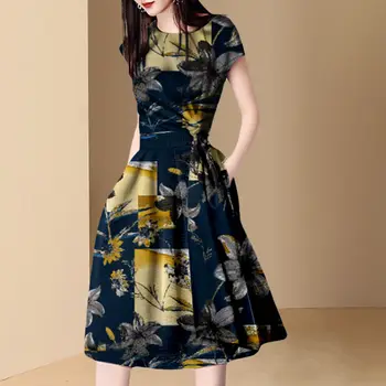  Европейское И Американское Высококачественное Женское Летнее платье Мода 2023female С Короткими рукавами И Круглым вырезом Средней Длины С принтом Tide
