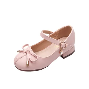  Детская кожаная обувь для девочек Осень Розовая обувь на высоком каблуке Принцесса Высокие тонкие черные туфли с детской белой обувью