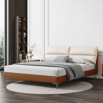  Кожаная кровать первого слоя в скандинавском стиле, простая и роскошная мебель для главной спальни с двуспальной кроватью 1,5 метра, мягкая кровать из крайней плоти 1,8 метра на пуху