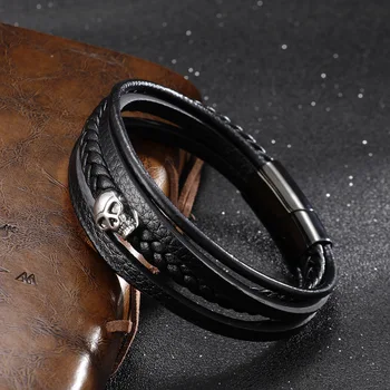  Новый многослойный браслет из натуральной кожи черного цвета из нержавеющей стали для мужчин, Магнитная застежка, кнопка, Винтажный браслет с оплеткой, ювелирные изделия