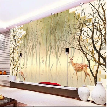  beibehang 3d пользовательские фотообои настенные фрески наклейки на стены Ностальгический абстрактный ручной росписью дерево северный олень лось ТВ задняя капля
