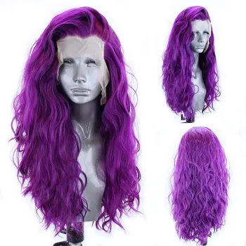  Короткий синтетический парик на шнурке спереди Светло-фиолетового цвета, Волнистые термостойкие волокна, натуральная линия роста волос для афроамериканцев