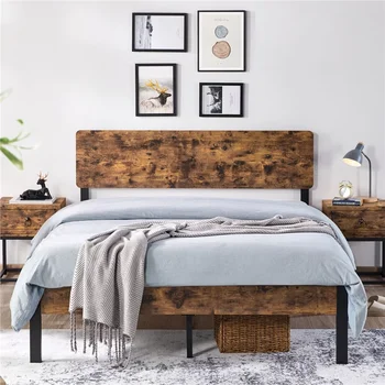 Металлический каркас кровати с деревянным изголовьем, коричневый в деревенском стиле, Queen-Size
