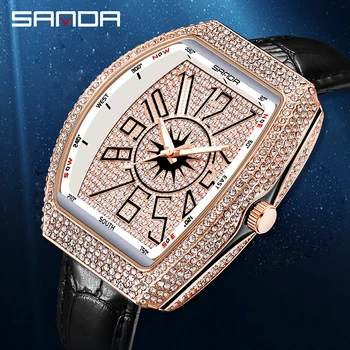  SANDA 2023 Новые роскошные мужские часы с индивидуальностью, Кожаный ремешок, кварцевые часы, модный корпус из розового золота, Светящийся Reloj